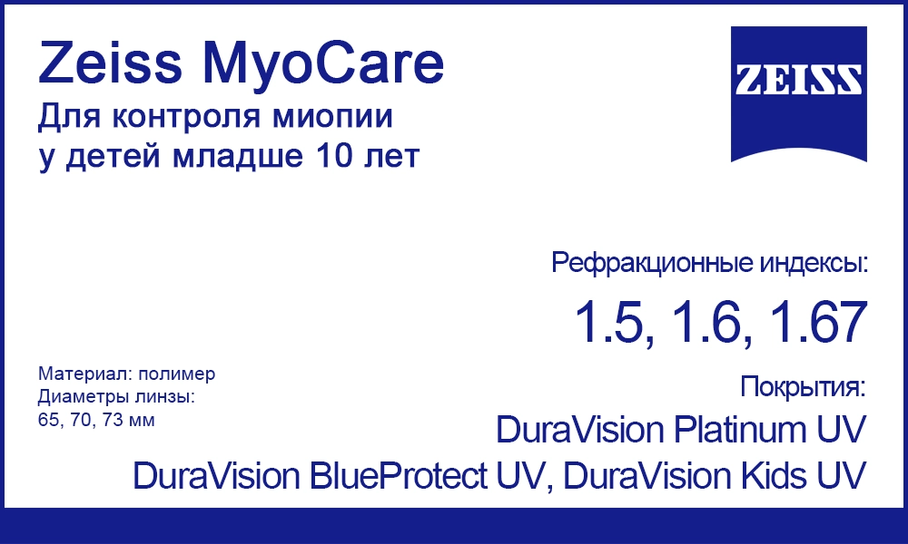Однофокальные линзы Zeiss MyoCare 1.5, 1.59, 1.6 для контроля миопии