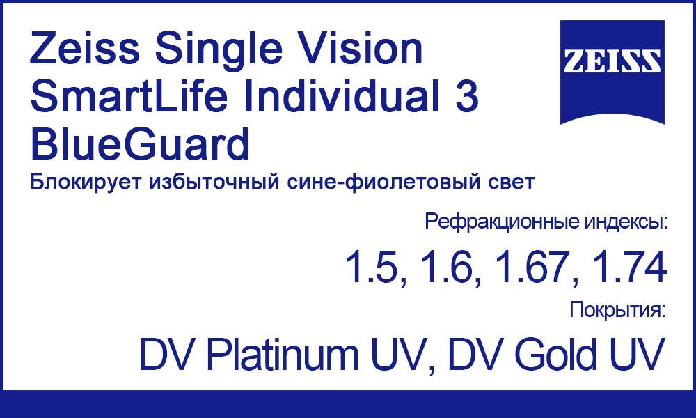Линзы Zeiss Single Vision SmartLife Individual 3 BlueGuard